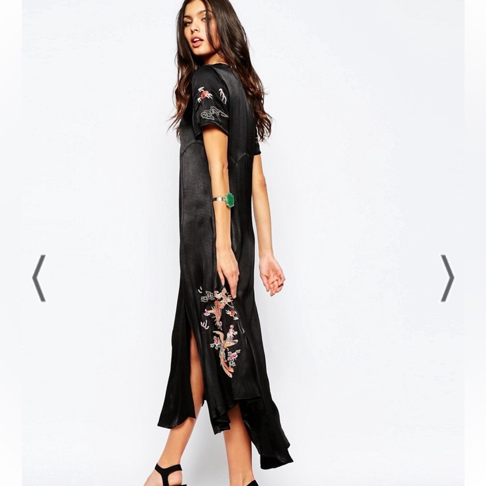 Somedays Lovin Black Satin Button Front Midi Dress Dragon Bird Embroidered Asian